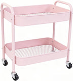 2 Tier Rolling Cart Metal with Wheels Under Desk Storage Cart for Small Space Organization, Small Trolley for Pantry Room Laundry Bathroom Kitchen Office Art Snack Baby Supplies, Pink
