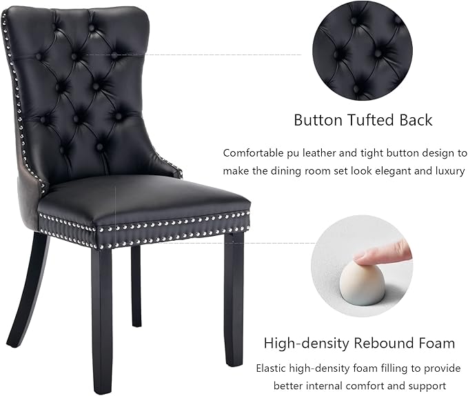 Dining Chairs Set of 6, Upholstered Dining Room Chairs with Back Ring Pull Trim and Solid Wood Legs, Modern Tufted Kitchen Chairs Perfect for Dining Room, Black Pu Leather Splicing Grey Velvet
