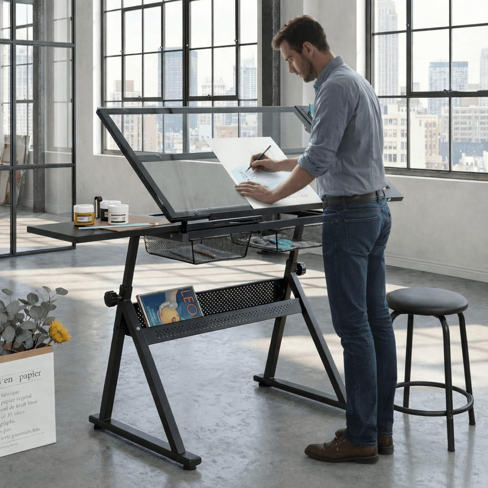 Litex Adjustable Drafting Table with Stool, Glass Top Art Desk for Drawing &a...