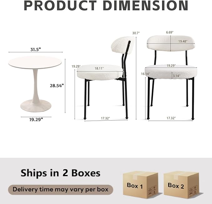 3-Pieces 31.5" Round Dining Table Set for 2, White Dining Table & Boucle Upholstered Dining Chairs Set of 2 for Kitchen Dining Room Apartment Small Space(White-Black Leg Chair)