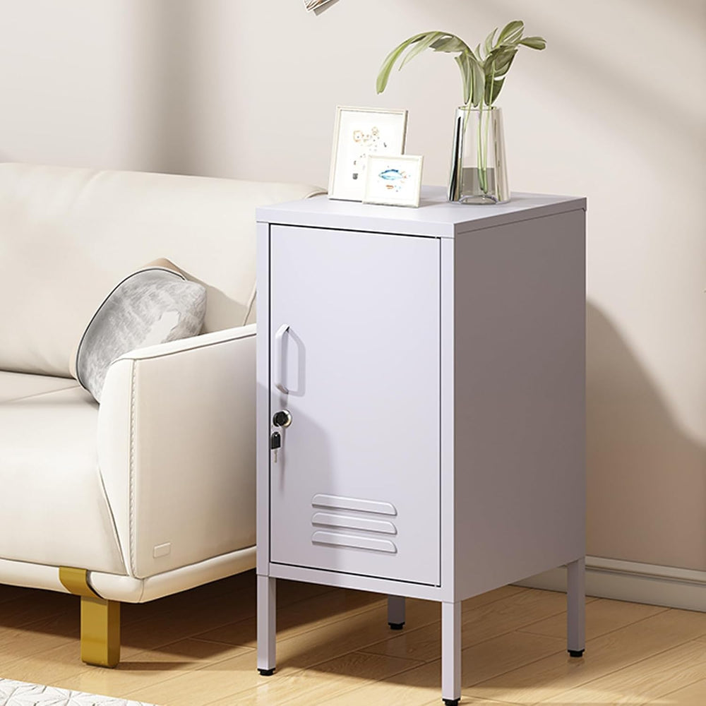 Lockable Metal End Table with 2 Adjustable Shelves, Modern Single Door Side T...