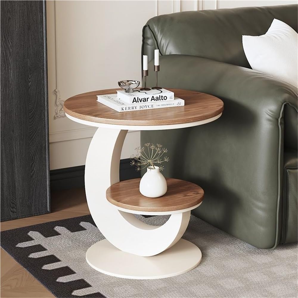 Round Sofa Side Table with 2 Storage Shelves, Vintage Wooden End Tables, Smal...