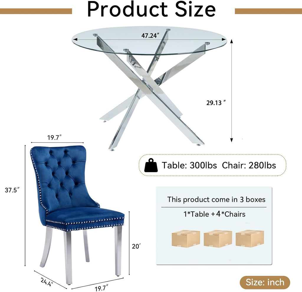 Henf 5 Piece Round Glass Dining Table Set for 4, Modern 47" Round Dining Table & Chair Set Circle Glass Kitchen Table and 4 Velvet Tufted Chairs for Kitchen Dining (Silver Table & Blue Chair)