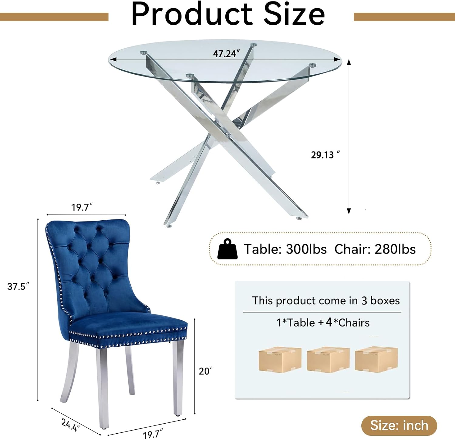 Henf 5 Piece Round Glass Dining Table Set for 4, Modern 47" Round Dining Table & Chair Set Circle Glass Kitchen Table and 4 Velvet Tufted Chairs for Kitchen Dining (Silver Table & Blue Chair)