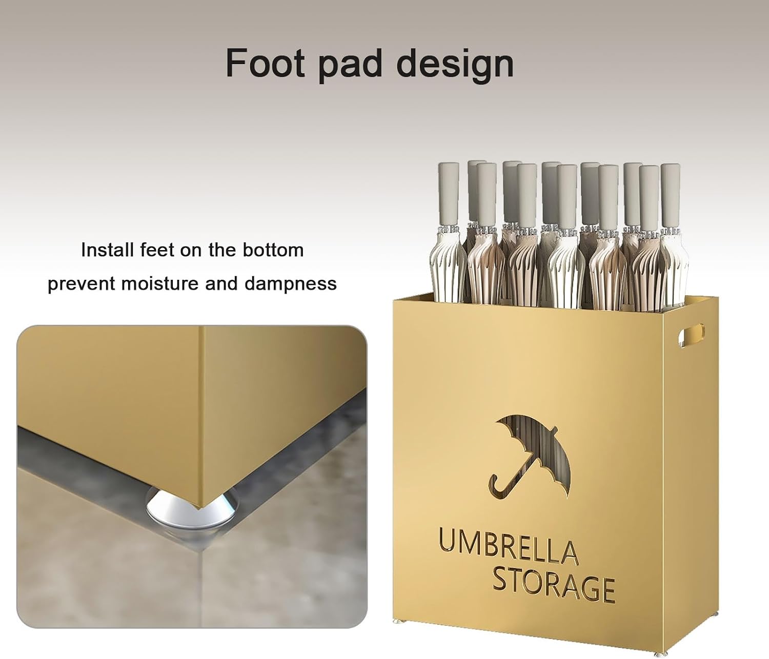 Metal Umbrella Holder Stand,Umbrella Rack with Drip Tray, Hollow Pattern Design Square Shape, Walking Sticks Storage Rack for Home Office Apartment(Gold,Small)