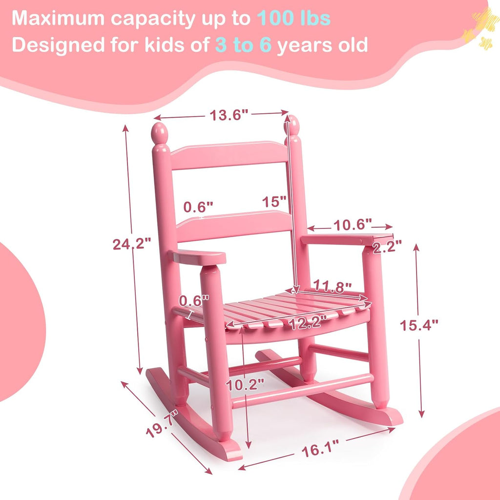 Kids Rocking Chair, Design Support Ages 3-6 for Outdoor, Pink | Solid Wood Toddler Baby Rocker, High Backrest & Rounded Armrests and Ergonomic, Living Room or Reading Room Use