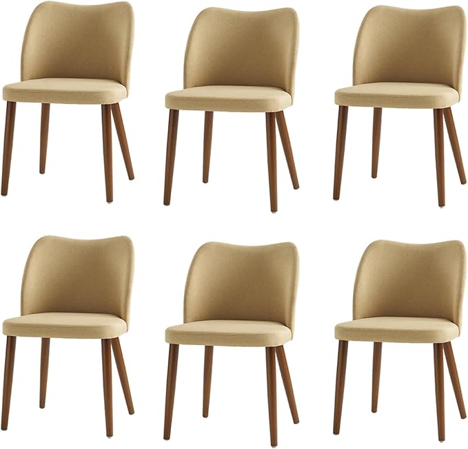 Dining Chairs Set of 6, Upholstered Kitchen Dining Room Chair Set Morden Accent Side Dinner Chair with Curved Padded Back Wood Legs for Restaurant/Cafe, Tan