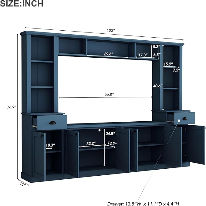 Merax Minimalist 103" Entertainment Wall Unit Set with Overhead Bridge for TVs Up to 75", Modern Large Media Console with Adjustable Shelves, Ample Storage Cabinets & Drawers for Living Room, Blue