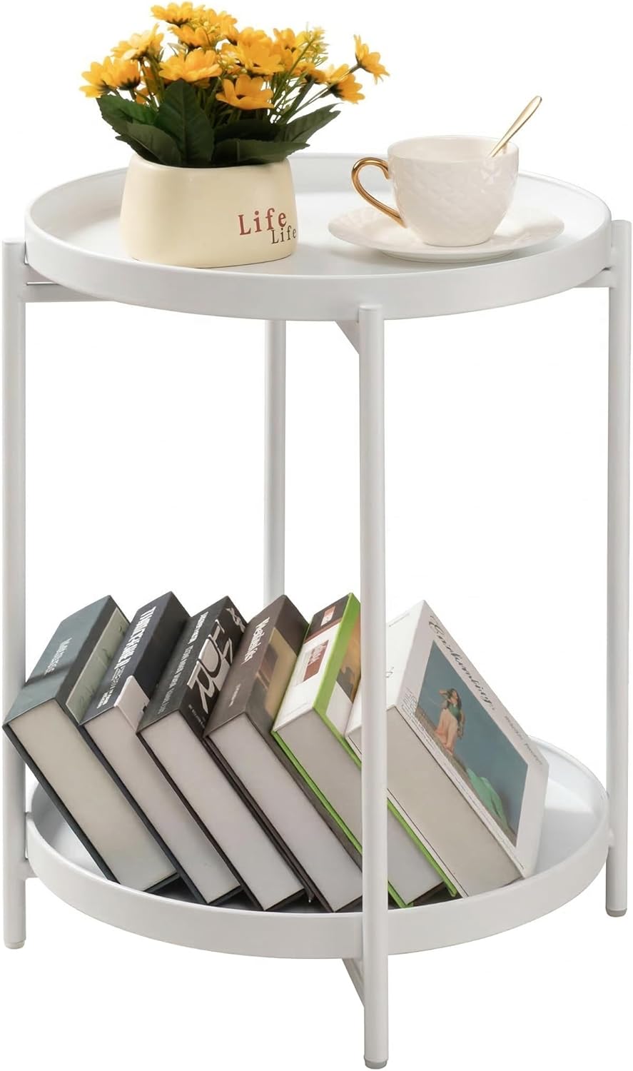 TeoKJ 2 Tier Round Side Table, Folding Round Metal End Table Small Nightstand with Two Removable Tray for Bedroom Living Room Bedside Small Spaces White