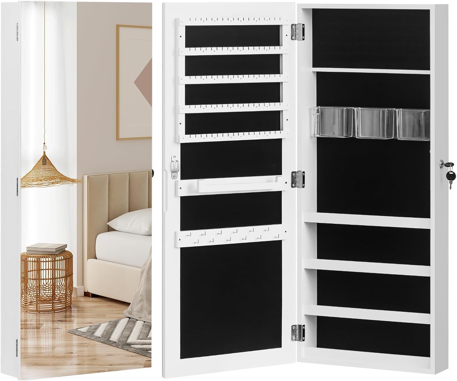 Jewelry Armoire Cabinet with Full Length Mirror,Mirror with Jewelry Storage Wall/Door Mounted, Lockable Jewelry Armoire Organizer,White