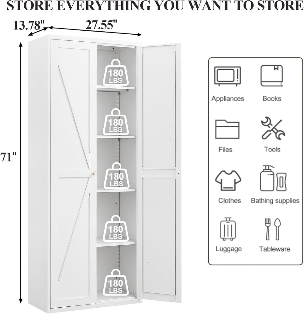 Kitchen Pantry Cabinet: Rustic White Steel Storage with Adjustable Shelves - ...