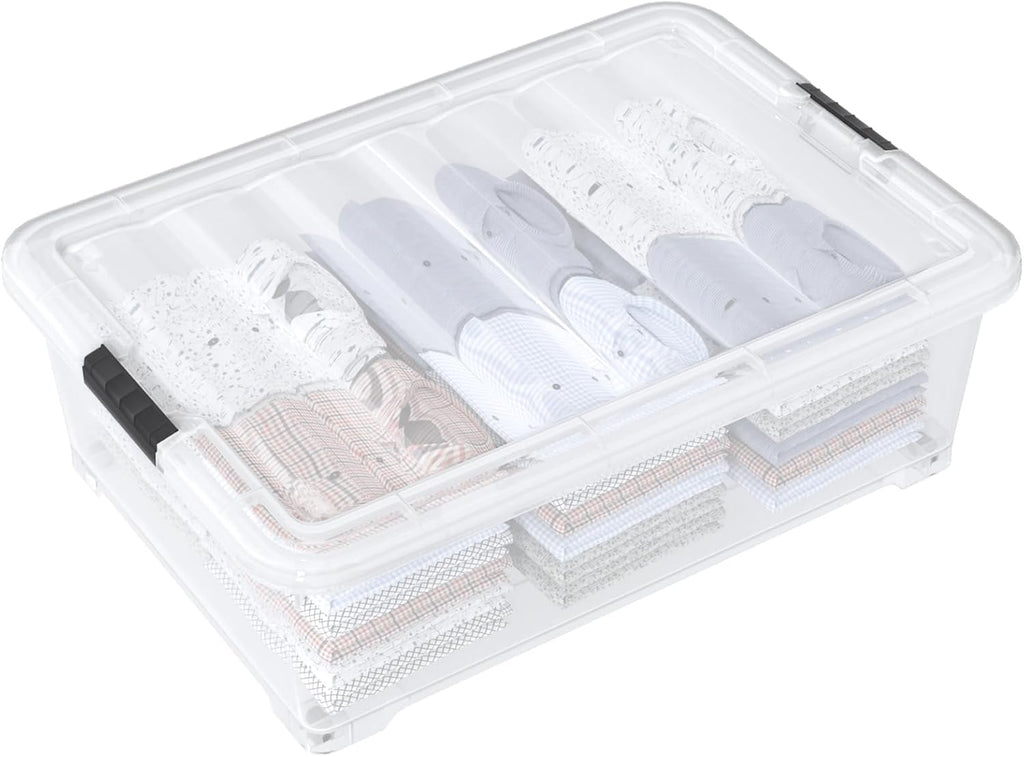 50 Quart Rolling Under Bed Storage Containers, 4-Pack 7.5 Inches Tall Low Profile Underbed Clothes Storage Organizer Bin with Sturdy Wheels, Clear
