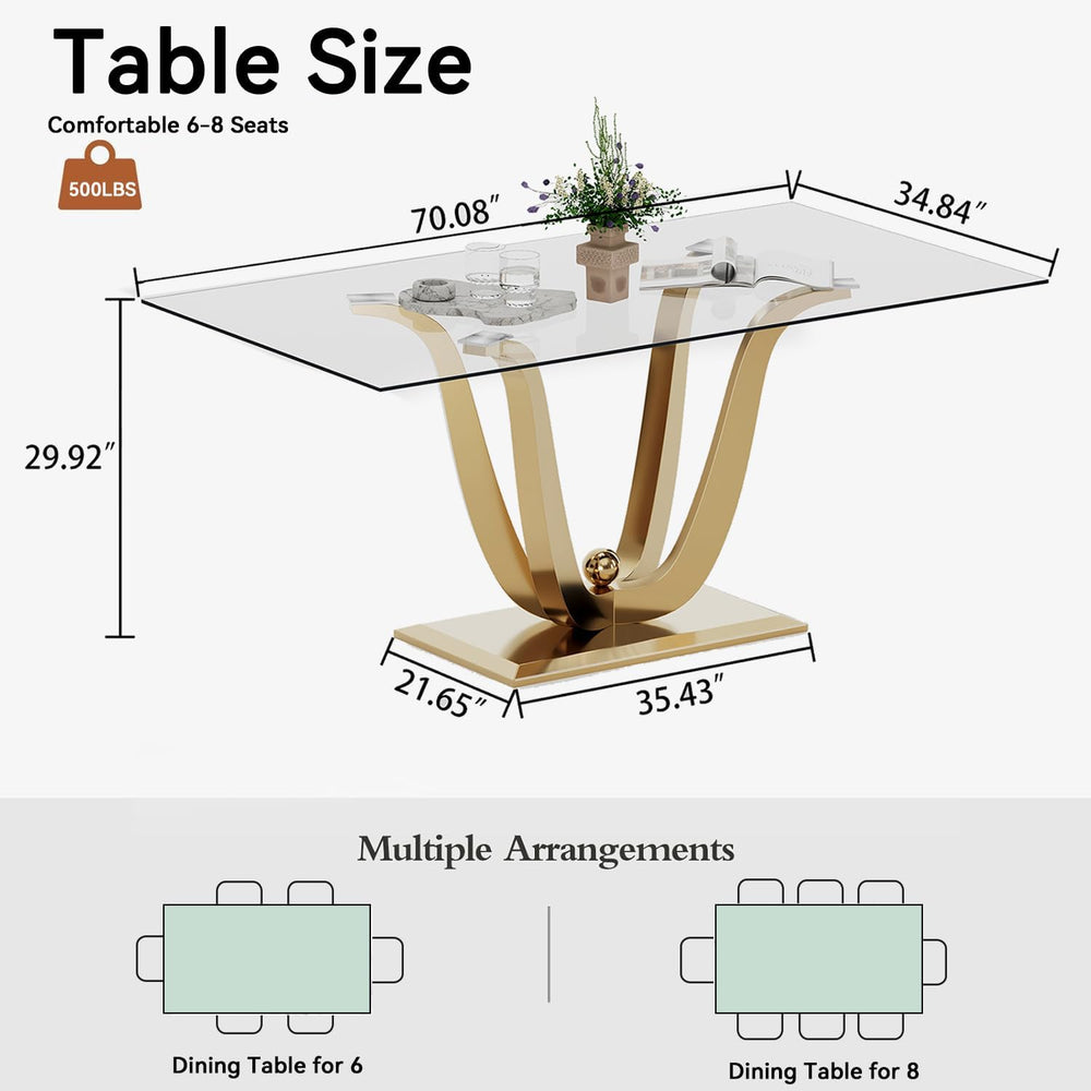 70" Modern Glass Dining Table for 6-8, Luxury Gold Glass Dining Room Tab...