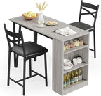 Garvee Bar Table and Chairs Set, 3 Piece Bar Table Set with with Flip Top Extension and Storage Shelves, Dining Table Set for 2, Suitable for Small Space Kitchen Apartment, Grey