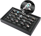 Valyria Velvet 5 Slots Ring Earrings Trays Showcase Display Jewelry Organizer (Black Flat PU Leather)