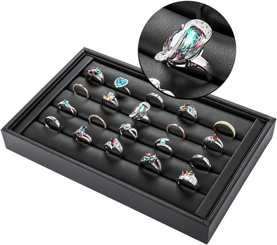 Valyria Velvet 5 Slots Ring Earrings Trays Showcase Display Jewelry Organizer (Black Flat PU Leather)