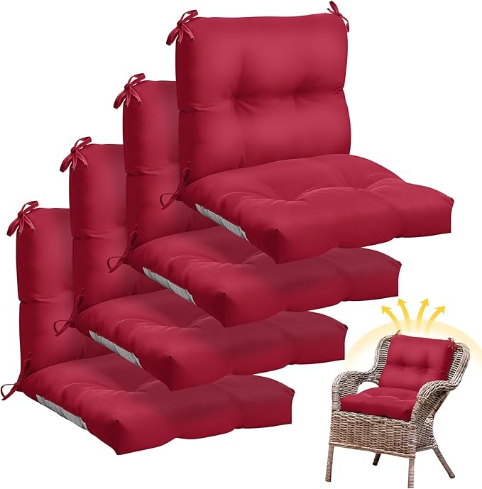 Geetery Outdoor Chair Cushions Set of 4 for Patio Lawn Furniture Wicker Rocking Dining Chairs 42x21x4 Inch High Back Seat Pads Replacement with Ties Weather-Resistant Fade-Resistant Indoor(Dark Red)