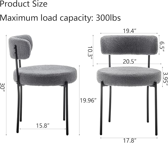 Grey Boucle Dining Chairs Set of 2, Upholstered Dining Room Chairs with Black...