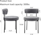 Grey Boucle Dining Chairs Set of 2, Upholstered Dining Room Chairs with Black Metal Legs, Round Modern Dining Chair for Dining Room, Kitchen