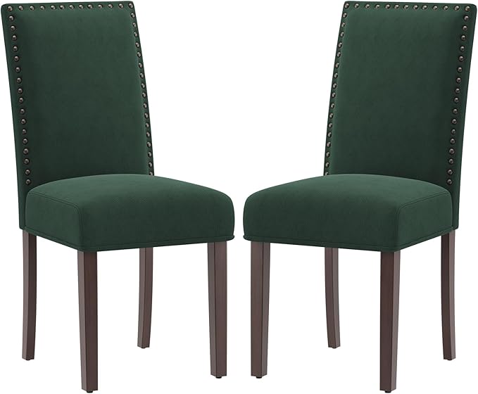 COLAMY Green Velvet Dining Chairs Set of 2 – Upholstered Kitchen & Dining Room Chairs with Nailhead Trim, Soft High-Density Cushion and Solid Wood Legs for Dining Room, Kitchen, Living Room