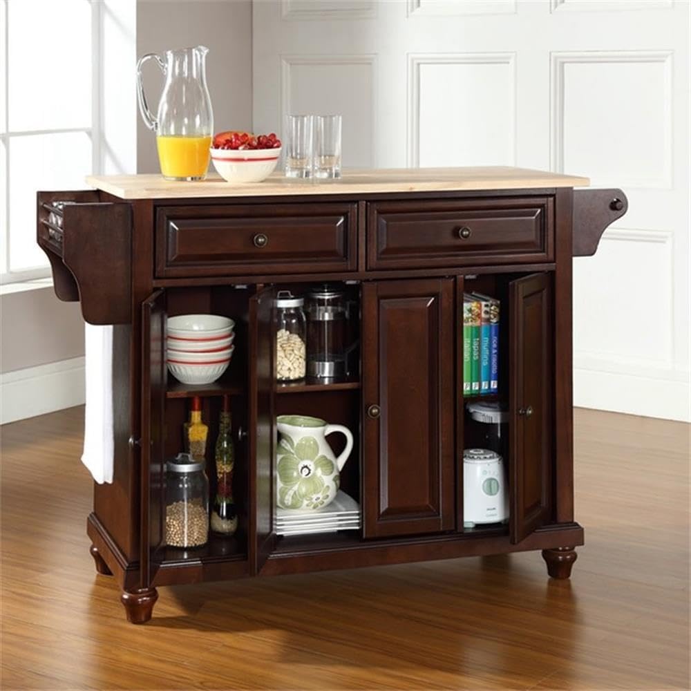 Pemberly Row Modern Natural Wood Top Kitchen Island in Mahogany