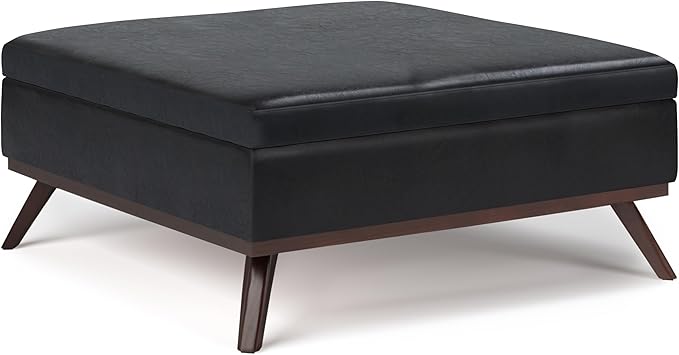 SIMPLIHOME Owen 36 inch Wide Mid Century Modern Square Coffee Table Storage Ottoman in Midnight Black Vegan Faux Leather, Assembled, For the Living Room, Entryway and Family Room