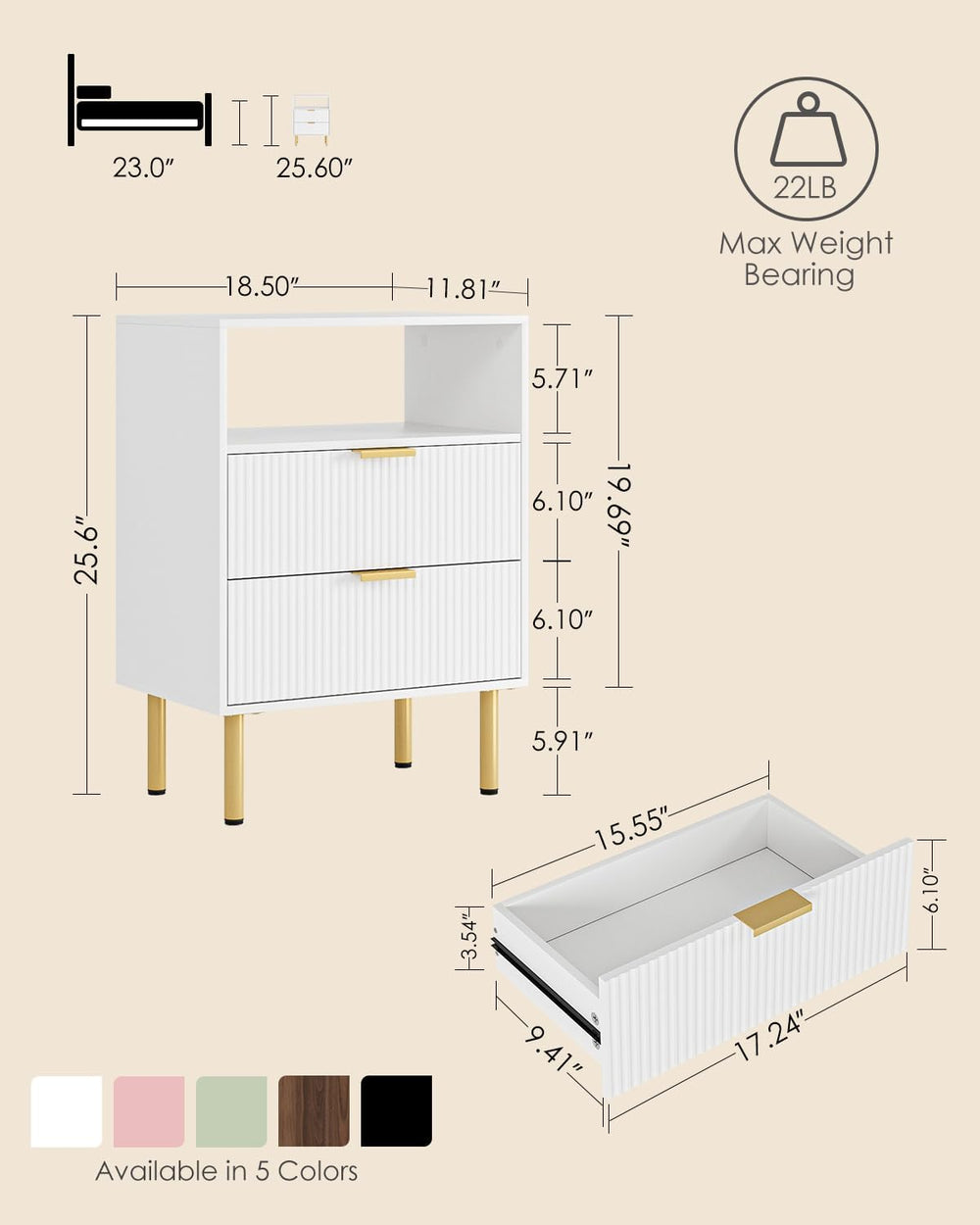 Night Stand,25.7" H Bedside Table with 2-Drawer Shelf,Morden Nightstand ...