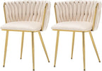 Velvet Dining Chairs Set of 2, Modern Upholstered Woven Dining Chairs with Gold Metal Legs, Modern Accent Chairs for Dining Room, Vanity, Kitchen, Living Room(Beige)