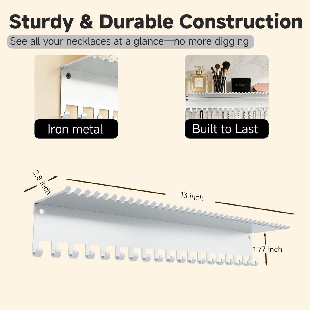 Necklace Jewelry Holder Wall Hanging Organizer Hangers Storage Mounted Shelf with 56 Hooks Tray Display Girls Women Metal Door Earring Mount Key Chains Rack White