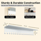 Necklace Jewelry Holder Wall Hanging Organizer Hangers Storage Mounted Shelf with 56 Hooks Tray Display Girls Women Metal Door Earring Mount Key Chains Rack White