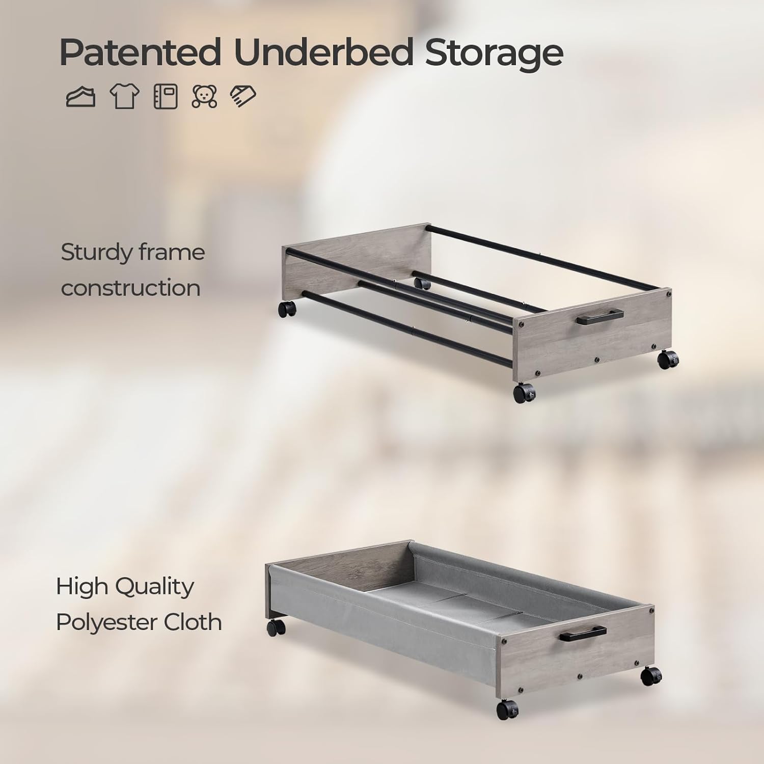 Under Bed Storage with Wheels, Wooden Under Bed Drawers On Wheels, Rolling Under Bed Shoe Storage, Space Saving,Grey,50L