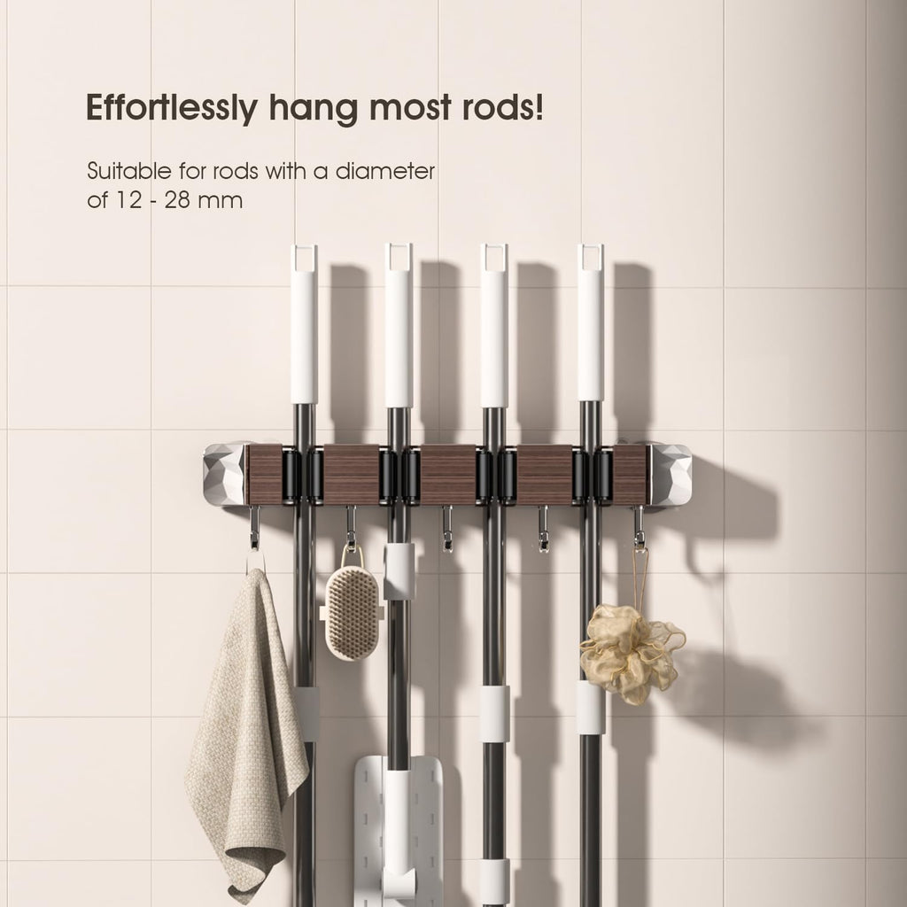 Suction Cup No Drilling Broom Holder Wall Mount, Walnut Color Mop Organizer Wall Hanging, 4 Racks 5 Hooks Tool Organizer Hanger Self Adhesive for Home, Garage, Garden, Laundry, Kitchen