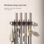 Suction Cup No Drilling Broom Holder Wall Mount, Walnut Color Mop Organizer Wall Hanging, 4 Racks 5 Hooks Tool Organizer Hanger Self Adhesive for Home, Garage, Garden, Laundry, Kitchen
