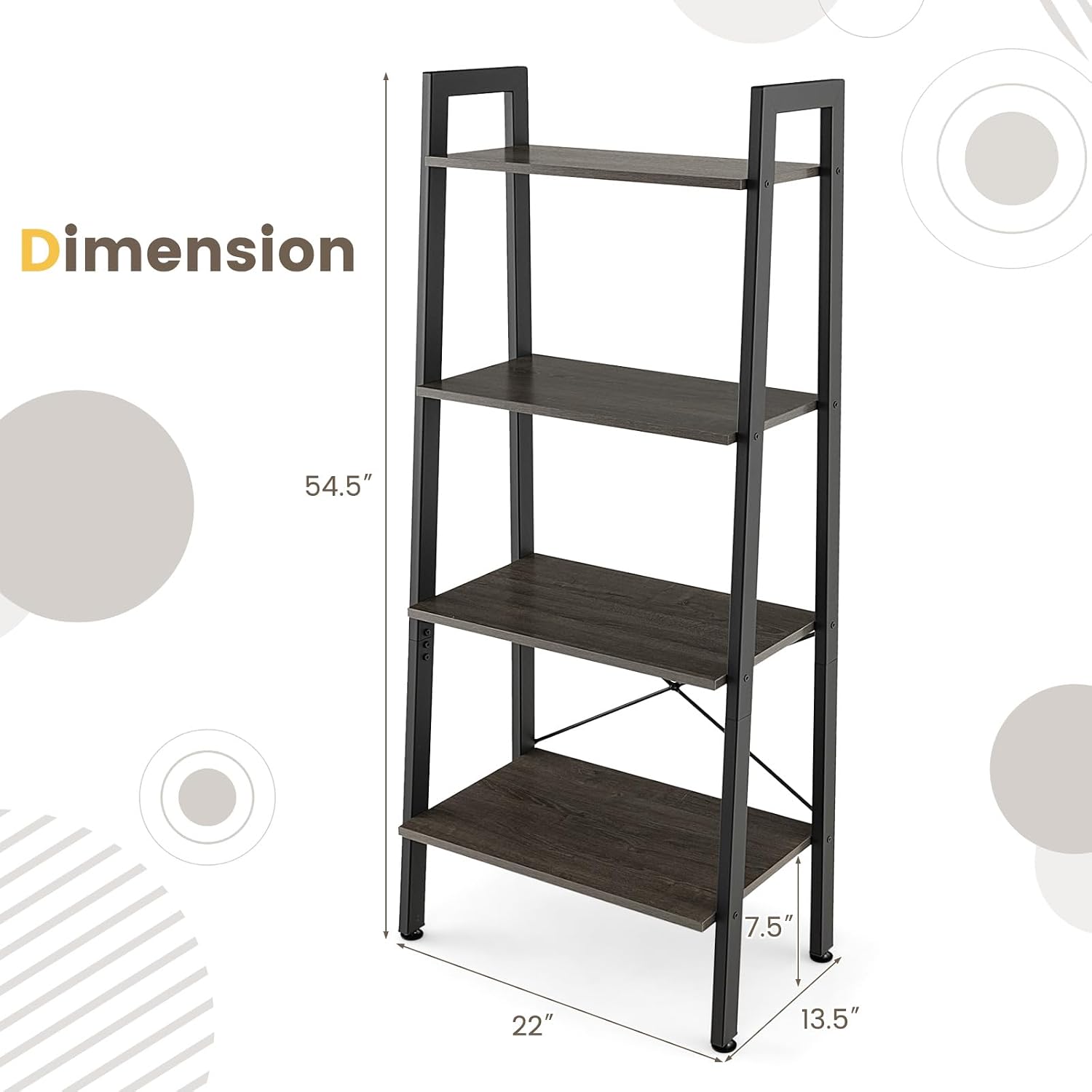 Giantex Ladder Shelf 4-Tier Industrial Bookshelf Storage Rack Shelves for Home and Office Use, Wooden Display Rack with Metal Frame (Gray)
