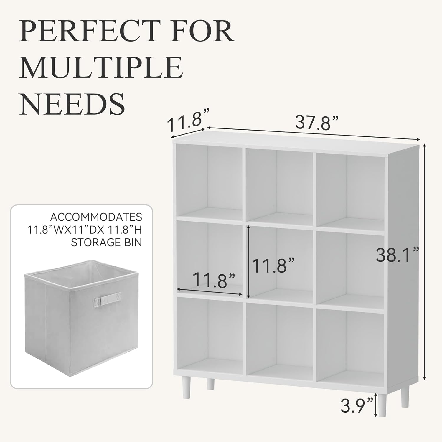 Wood Cube Storage Organizer White Bookshelf - 3-Tier Freestanding Storage Cabinet with Legs for Home Office, 9-Cubes Open Shelf