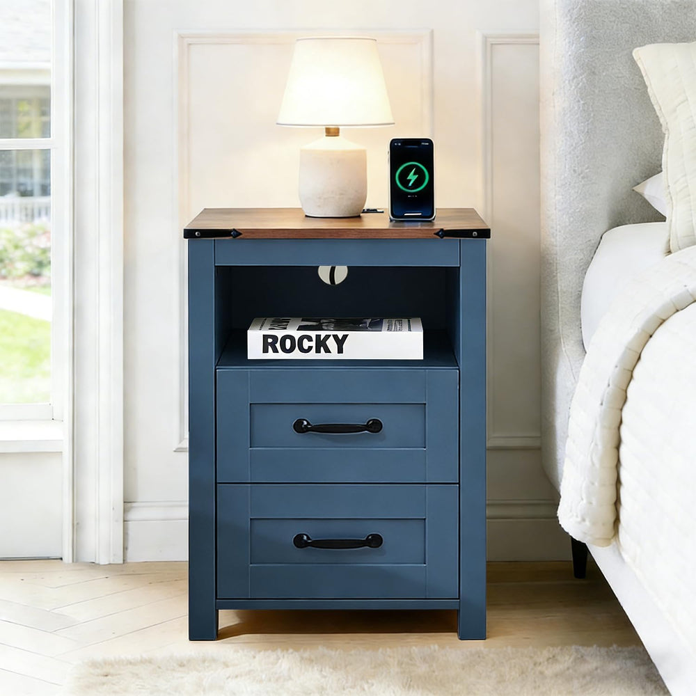Farmhouse Nightstands Set of 2 with Charging Station, End Table with 2 Drawer...