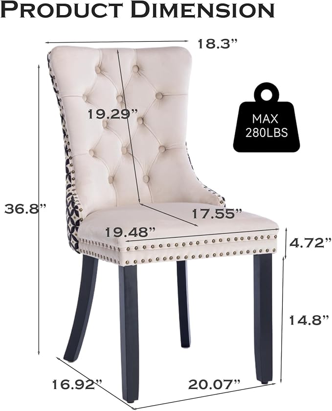 Velvet Upholstered Dining Chairs Set of 2, Modern Style Kitchen Side Chairs with Nailhead Trim and Wood Legs,Metal Pulling Ring for Dining Room Living Room(Quadrangular Star&Beige)
