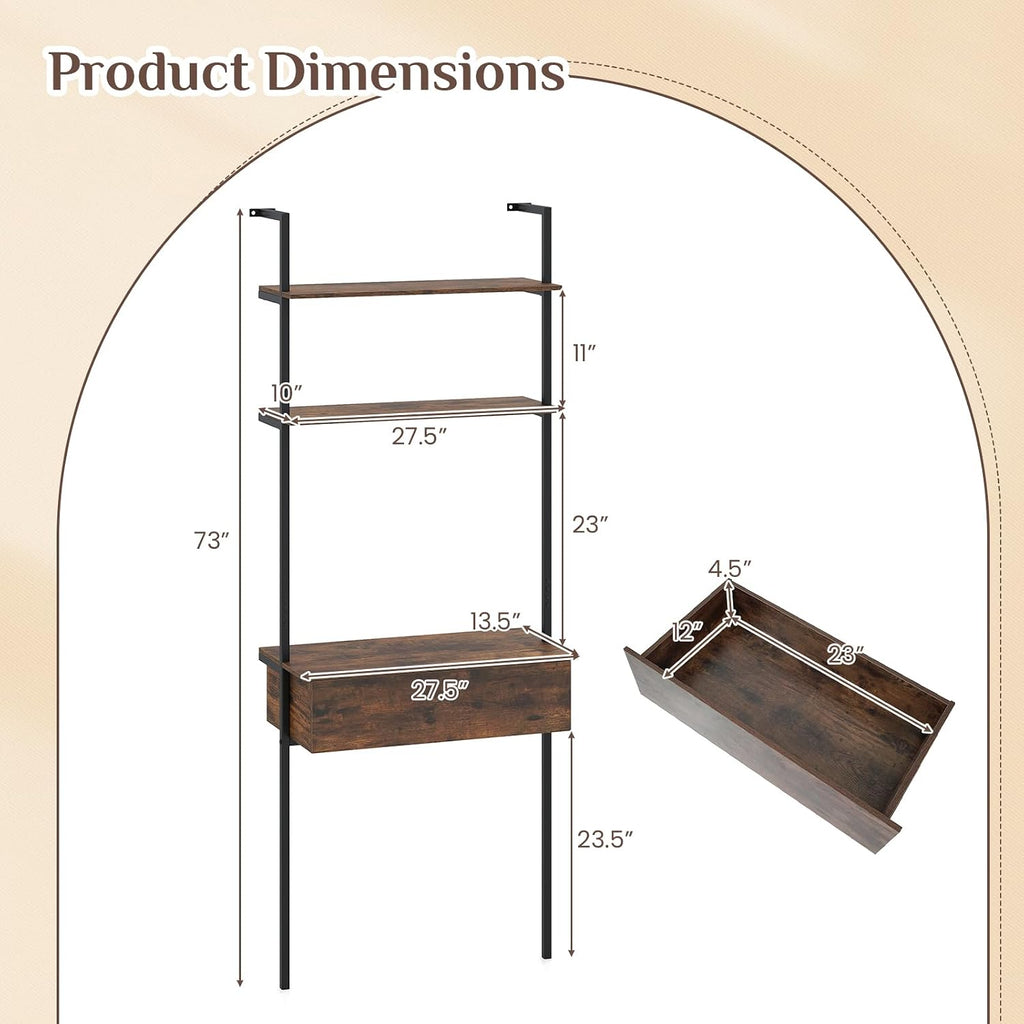 Giantex 4-Tier Ladder Bookshelf Set of 2, Wall Mounted Storage Shelf | Industrial Open Display Shelf w/2 Anti-Tipping Kits, Drawer & Metal Frame, Compact Storage Organizer for Living Room, Office