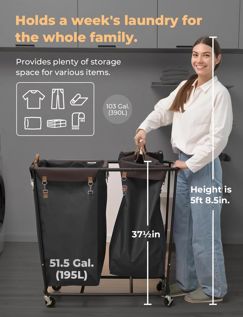 StorageWorks 390L Extra Large Lanudry Hamper with Wheels, Laundry Basket with Wheels 2 Sections, Clothes Sorter Cart with Divider for Hotel, Home, Black, 1-Pack