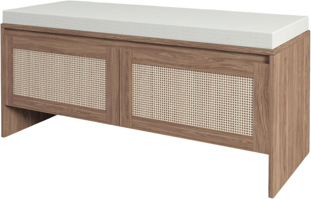 SOFTSEA 39.4" Shoe Storage Bench with Rattan Doors & Cushion, Natural | Entryway Bench with 2 Rattan Doors, Padded Seat Cushion, Mid-Century Modern Shoe Cabinet for Hallway, Bedroom, Living Room