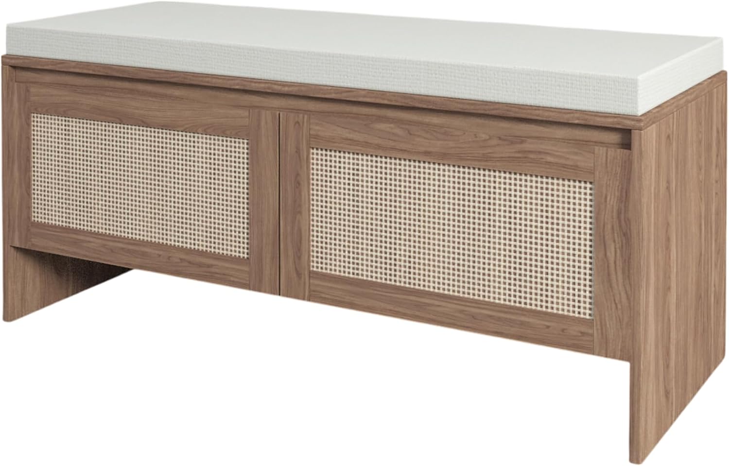 SOFTSEA 39.4" Shoe Storage Bench with Rattan Doors & Cushion, Natural | Entryway Bench with 2 Rattan Doors, Padded Seat Cushion, Mid-Century Modern Shoe Cabinet for Hallway, Bedroom, Living Room