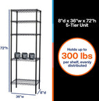 Shelving Inc. 8" d x 36" w x 72" h Black Wire Shelving with 5 Tier Shelves, Weight Capacity 300lbs Per Shelf