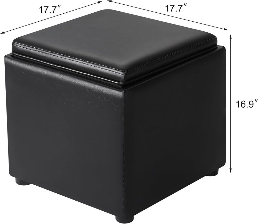 Adeco 17" Black Storage Ottoman Cube with Tray Lid, Small Footstool with...