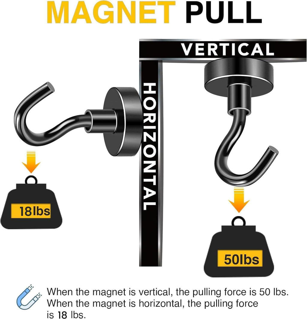 DIYMAG Black Magnetic Hooks, 50 LB Heavy Duty Strong Magnets with Hook, Rare Earth Neodymium Magnet for Cruise Cabins Ship Essentials 12 Packs