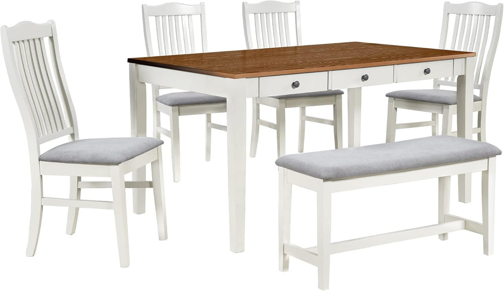 Merax Mid-Century 6-Piece Wood Dining Table Set with Drawer, 4 Upholstered Ch...