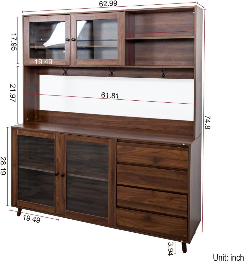 Kitchen Pantry Cabinet with Hutch, 4 Drawers, Glass Doors, Adjustable Shelves...