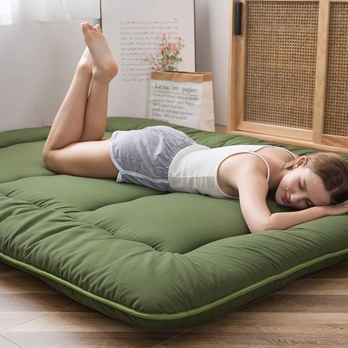 Japanese Floor Mattress Futon Mattress Thicken Tatami Mat Sleeping Pad Roll Up Mattress Floor Lounger Bed Folding Couch Bed Mattress Pad for Guest Room, Green, Queen