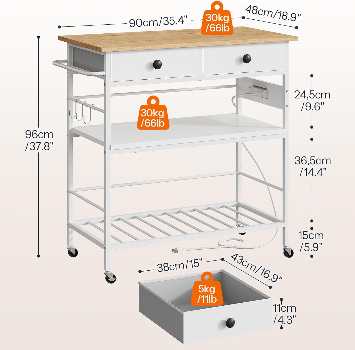 HOOBRO Kitchen Island with Storage, Rolling Island Cart for Kitchen with 2 Drawers & Outlet, 3 Tier Coffee Station and Microwave Stand, Kitchen Island Table for Home, Natural and White WN08UZD01