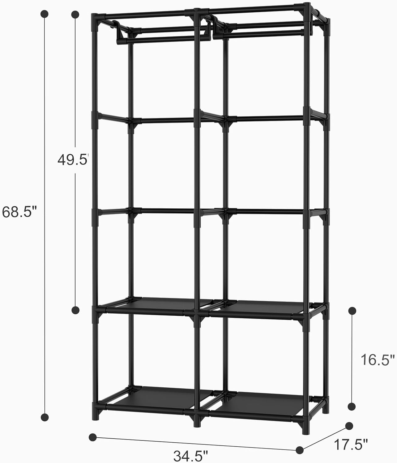Portable Closet for Hanging Clothes, Portable Wardrobe Closet with Cover, 4 Storage Shelves, 2 Hanging Rods and 8 Side Pockets, Easy Assembly and Sturdy Free Standing Closet for Bedroom, Black