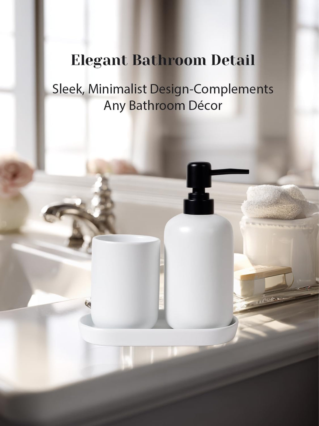 INGOFIN 3 Pcs Ceramic Bathroom Accessory Set - Liquid Soap Dispenser, Toothbrush Holder & Tray, Bathroom Counter Set, Countertop Essentials for Home, Guest Bathroom, or Office Use, White